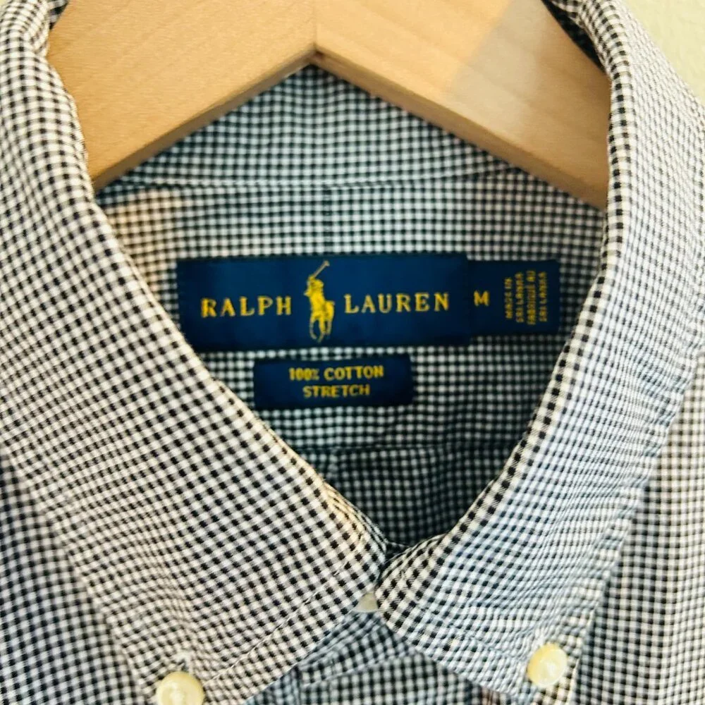Ralph Lauren Plaid Dress Shirt Mens Size Medium White Navy Gingham Button Down - Picture 3 of 9